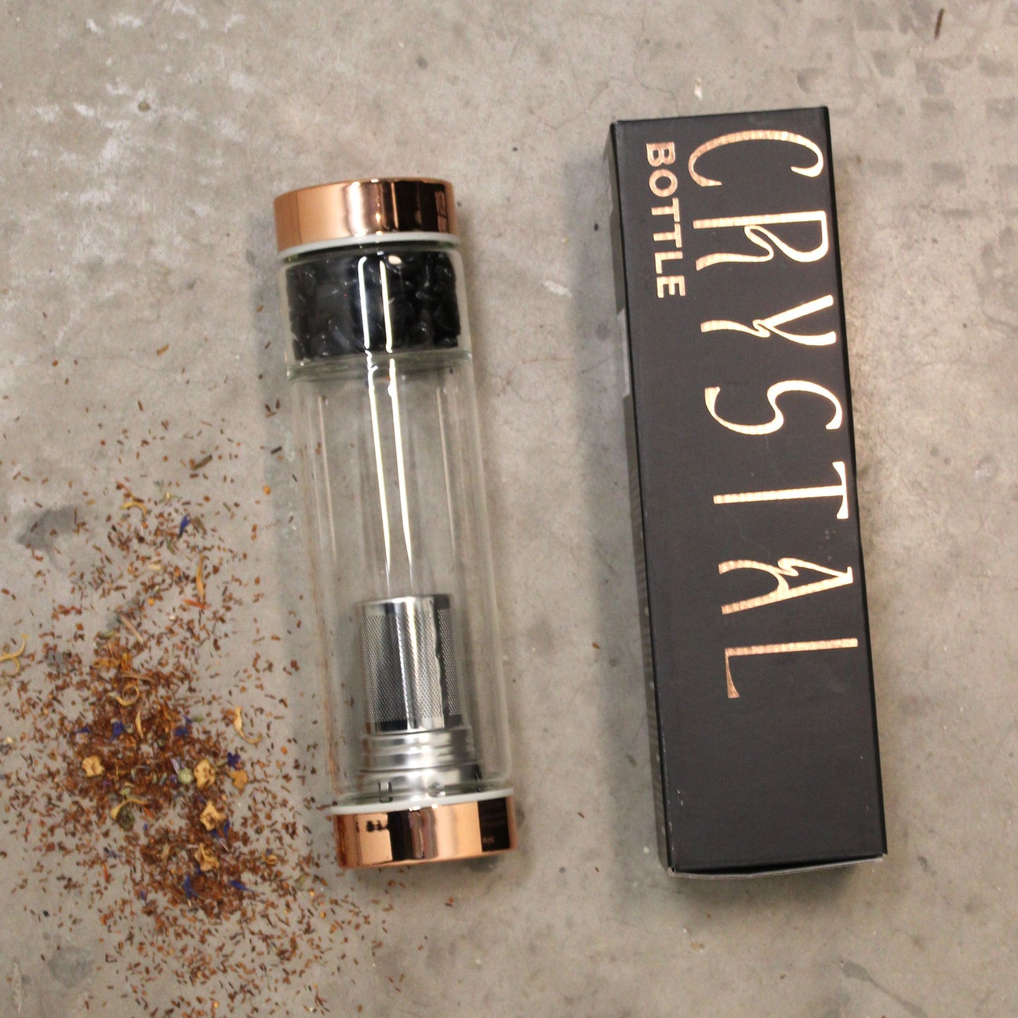 Glasflaska med tesil – Roséguld – Röd Jaspis