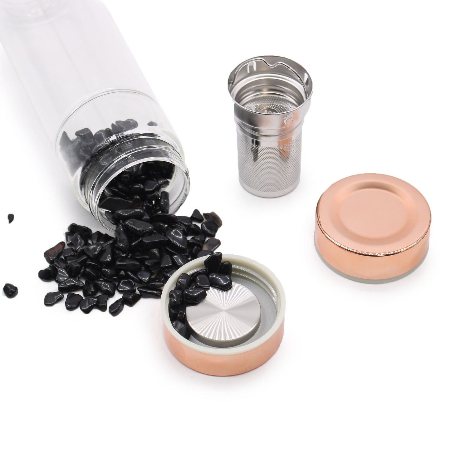 Glasflaska med tesil – Roséguld – Bergkristall