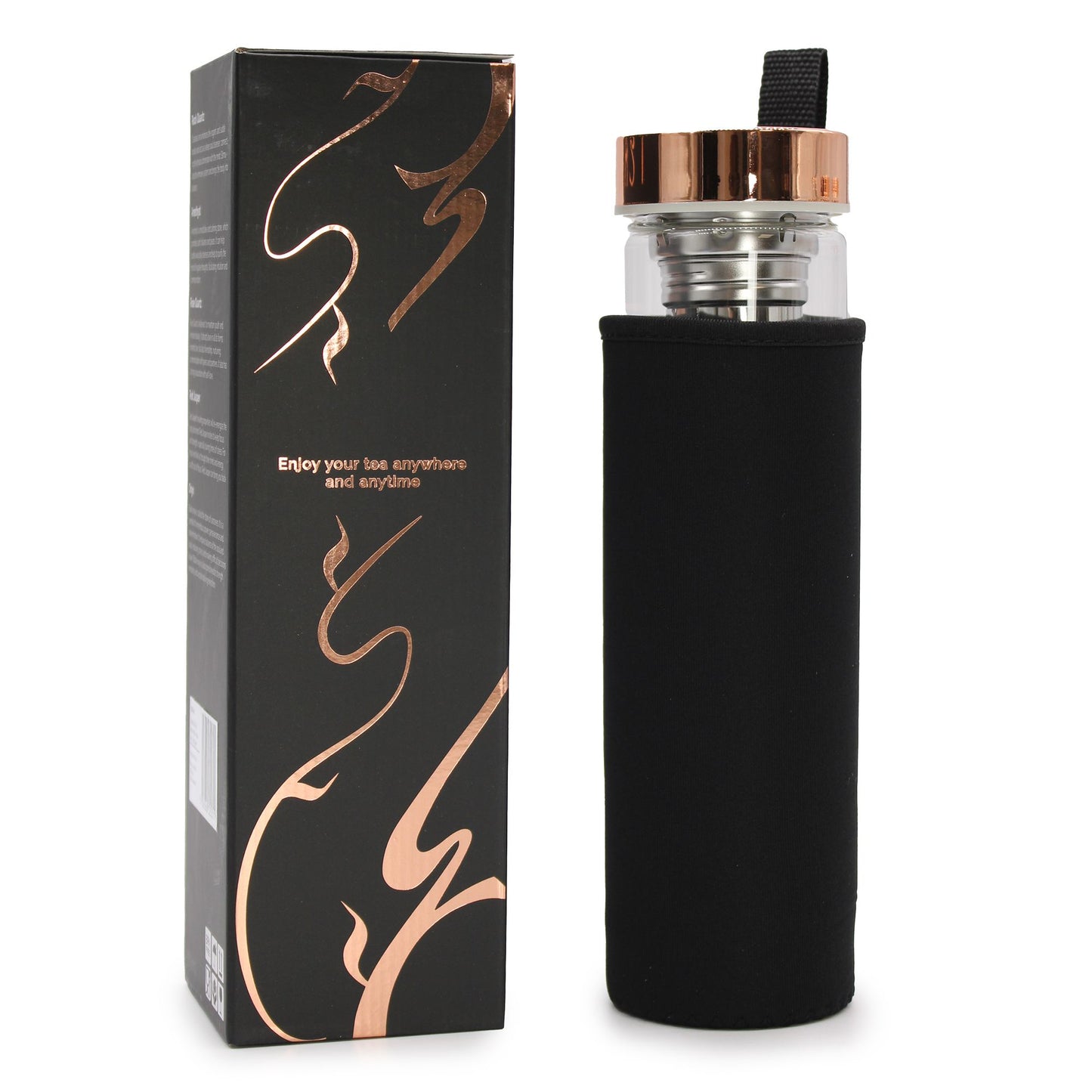 Glasflaska med tesil – Roséguld – Onyx