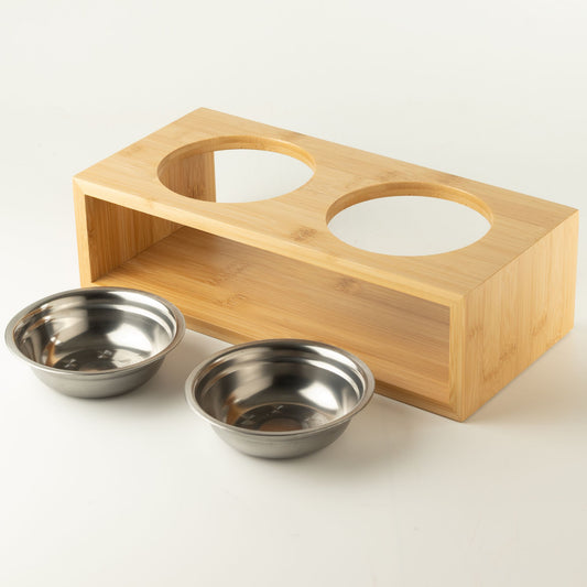 PAW Food Bowls - Dubbel matskål med träställ – 2 × 13 cm