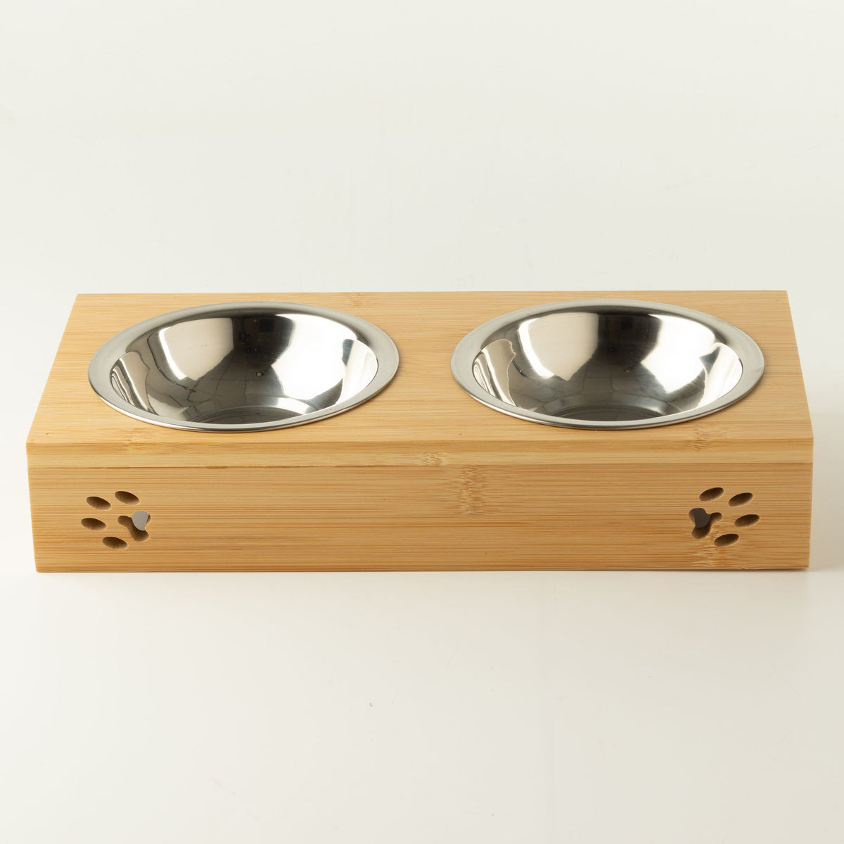 PAW Food Bowls - Dubbel matskål för husdjur – Rostfritt stål & trä, 2 × 12 cm