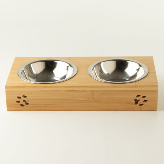 PAW Food Bowls - Dubbel matskål för husdjur – Rostfritt stål & trä, 2 × 12 cm