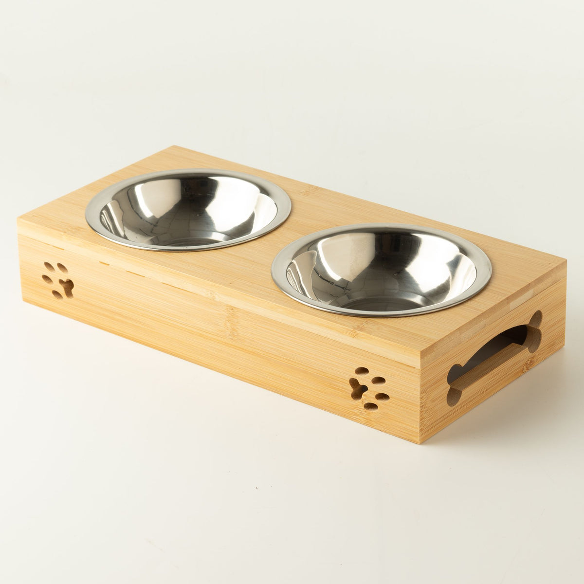 PAW Food Bowls - Dubbel matskål för husdjur – Rostfritt stål & trä, 2 × 12 cm