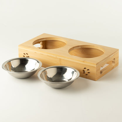 PAW Food Bowls - Dubbel matskål för husdjur – Rostfritt stål & trä, 2 × 12 cm