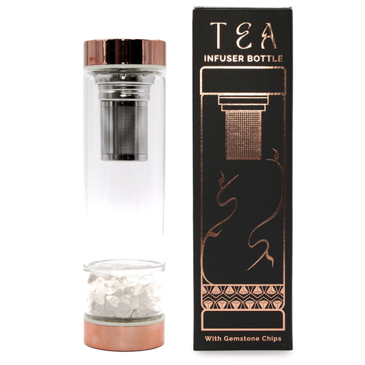 Glasflaska med tesil – Roséguld – Bergkristall